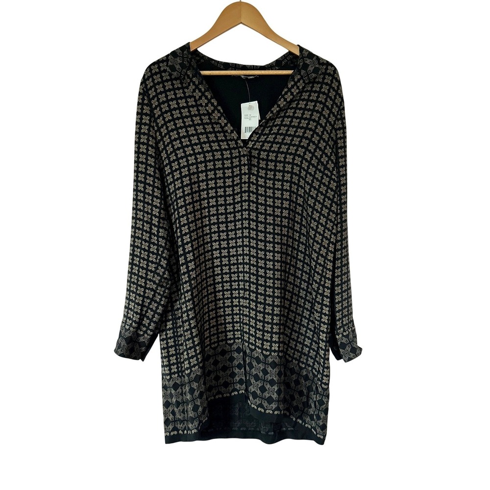 NEW Vince 100% Silk Geometric Tunic Blouse 12 NWT Black Tan Lagenlook Workwear